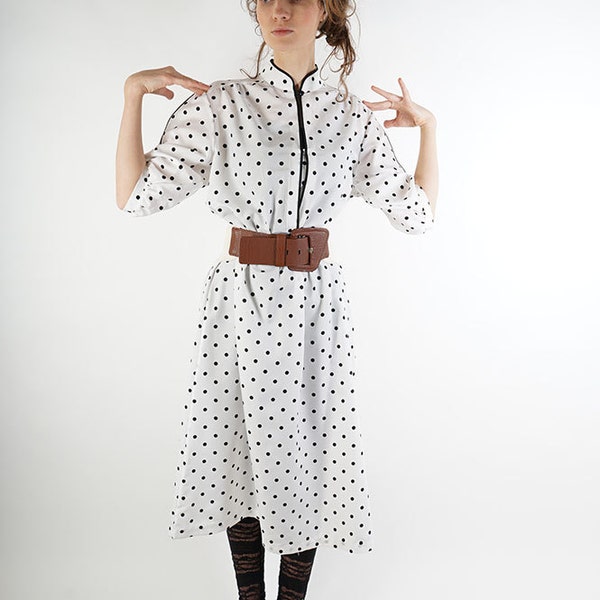 White polka dot vintage dress, 60s summer day dress, women dress, M, cute midi dress, women polka dot dress.