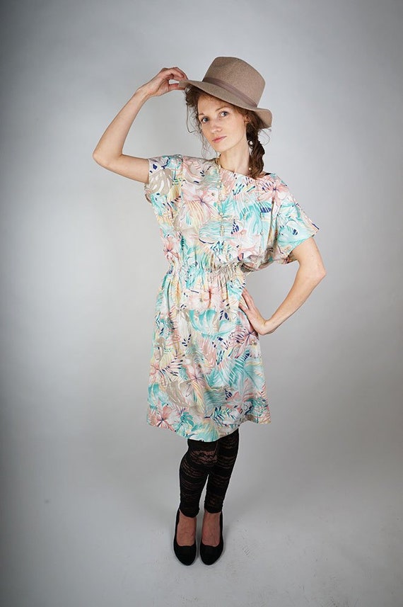 Pastel tunica dress, 80s floral summer dress, boho