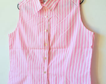 Vintage 80s Striped Tank Top: Pink Cotton Sleeveless Blouse (L)