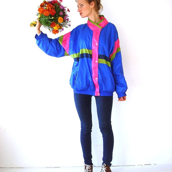 Neon 80s jacket, bomber jacket, neon windbreaker, colorblock unisex, size Large