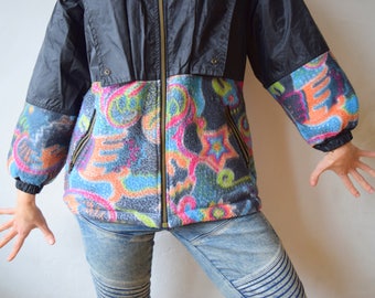 Giacca da sci in pile color block vintage: cappotto invernale da donna (S/M)