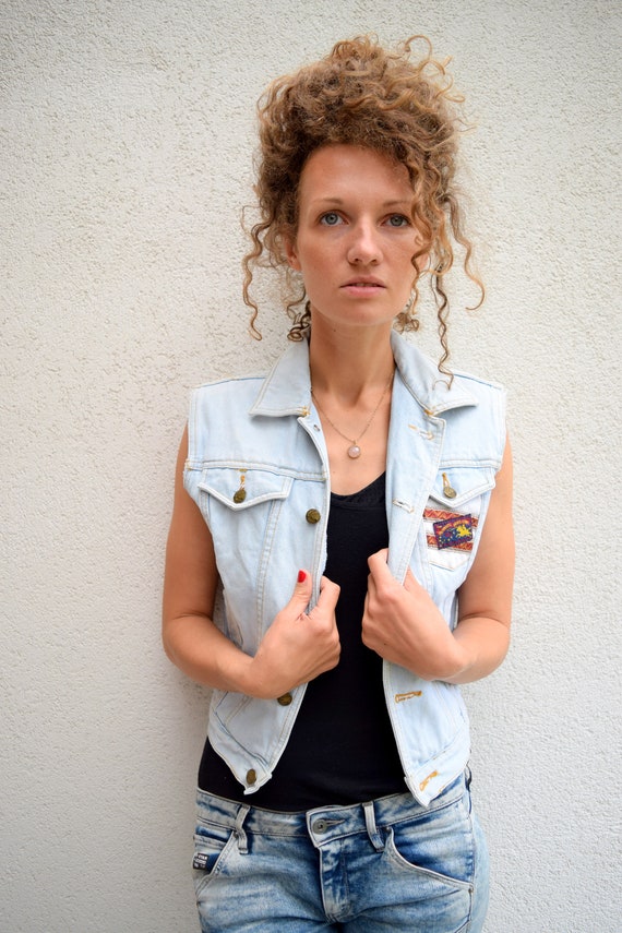 Light blue denim vest, Vintage denim waistcoat, s… - image 2