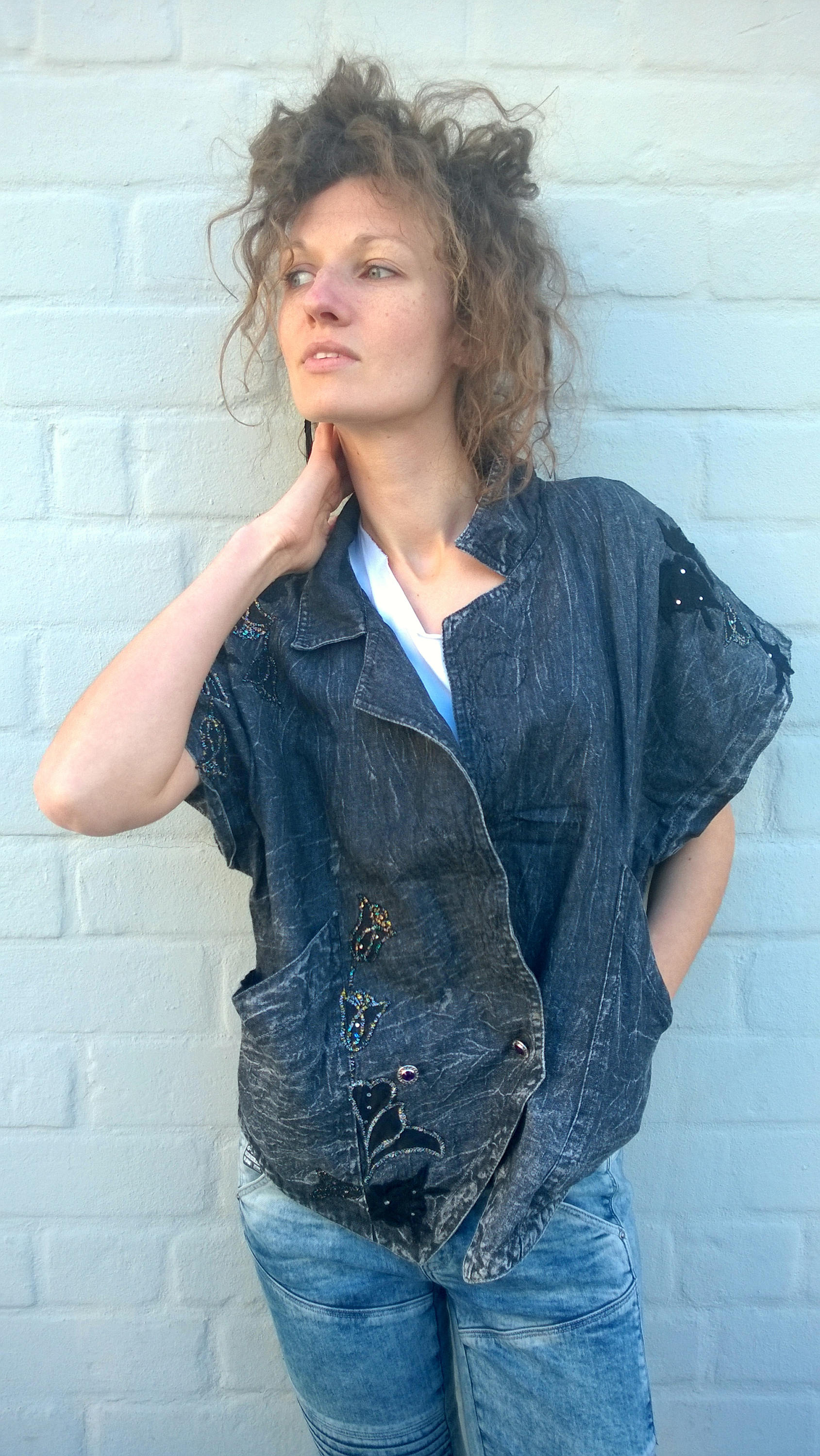 Vintage 90s Black Denim Vest: Embroidered Lace, Grunge Punk Style
