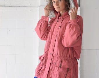 Vintage parka jas - Stoffige roze winterjas - Kerstjas - Roze windjack - Dames winterjas - Medium size