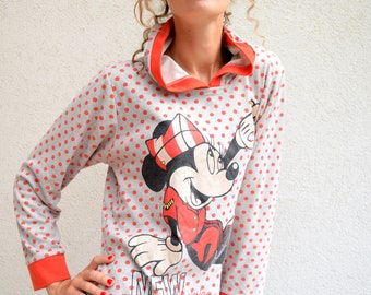 Sudadera Disney de los 80, top de Mickey Mouse, sudadera vintage de Walt Disney, jersey vintage de dibujos animados, sudadera roja, top de lunares, S/M (GP151)