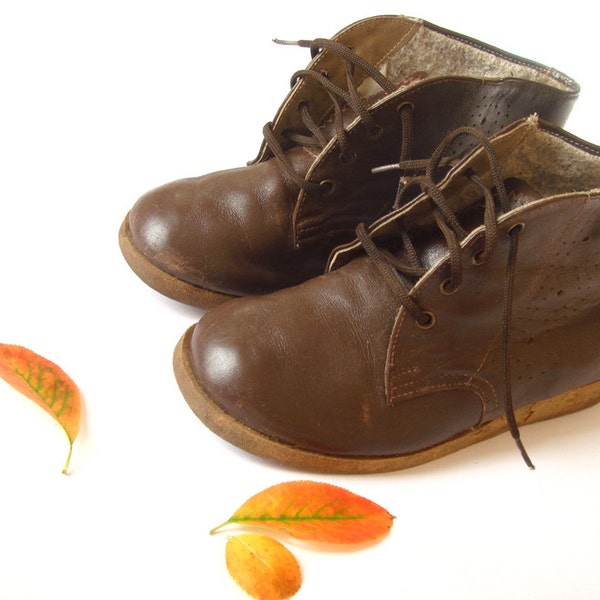 Brown Leather Boots For Kids, Soviet Vintage Kids Footwear, 1970's