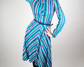 Türkis Kleid, Sumer Day Kleid, Festivalkleid, Boho Kleid, gestreiftes Langarmkleid, blaues Vintage Kleid, 70er Midi Kleid, Größe S/M, 38