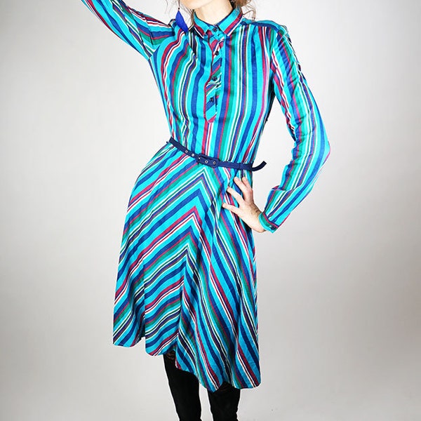 Turquoise dress, sumer day dress, festival wear, boho dress, striped long sleeve dress, blue vintage dress, 70s midi dress, size S/M, 38