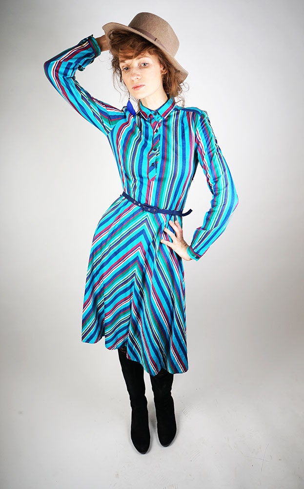 Turquoise dress, sumer day dress, festival wear, boho dress, striped long sleeve dress, blue vintage dress, 70s midi dress, size S/M, 38