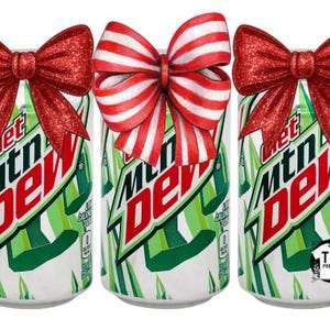 May include: Three cans of Diet Mountain Dew, each adorned with a festive red bow. The cans feature the brand's logo in red and white against a green and white background. A perfect gift for the soda lover.