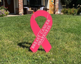 Breast Cancer Awareness Ribbon Yard Sign – Engraved Wood Awareness Decor
