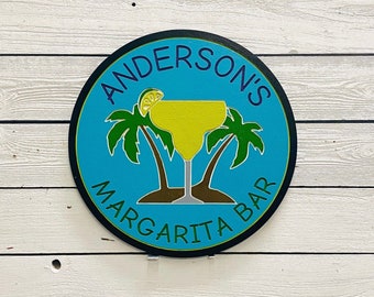 Personalized Margarita Bar Sign With Palm Trees, Backyard Wood Sign