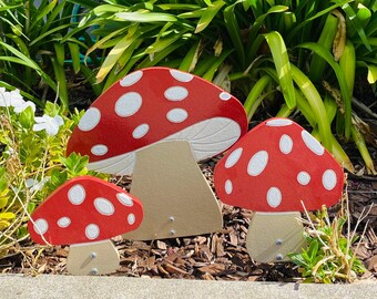 Mushrooms Set Of 3. Wood Yard Art Garden Decoration