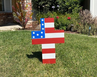 Patriotic Cross, Red, White And Blue, 24 Inch Engraved Yard Art