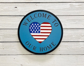Welcome Home Sign, Engraved Wood, American Flag Porch Decor