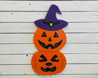 Two Pumpkins Stacked With A Witches Hat On, Halloween Tall Engraved Wood Sign