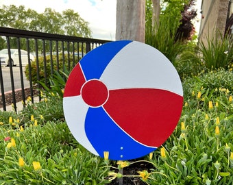 Beach Ball Painted In Patriotic Colors, Wooden Summer Yard Art Pool Decoration