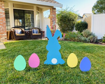 Easter Bunny and Pastel Easter Egg Set, Wood Engraved Spring Signs