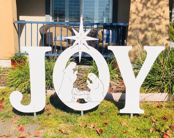 JOY Nativity White Outdoor Holiday Christmas Yard Art Sign, Christmas Decoration