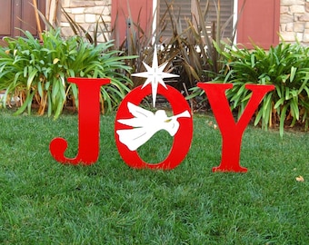 JOY With Christmas Trumpeting Angel Outdoor Holiday Yard Art Sign