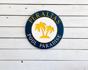 Personalized Pool Paradise, Palm Tree Engraved Wood Circle Sign