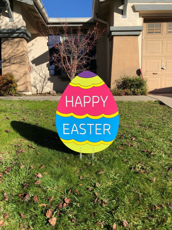 Easter Egg Engraved With Happy Easter Spring Outdoor Decor Etsy