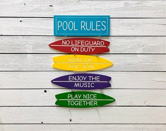 Pool Rules, Poolside Decor, Surf Boards Engraved Wood Signs