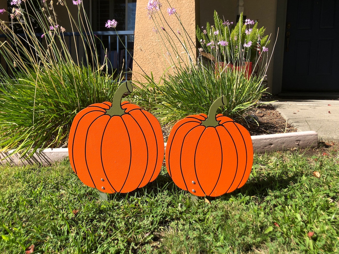Halloween Pumpkins Set of Two Engraved Wood Pumpkin Yard Art Etsy
