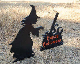 Witch and Cauldron Halloween Yard Decoration Engrave Happy Halloween