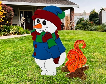 Snowman and Fire Outdoor Wood Decoration, Yard Art