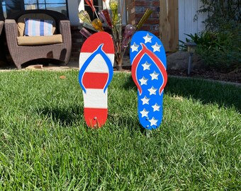 Patriotic Stars and Striped Flip Flops, Engraved Wood Outdoor Yard Art, Fourth Of July