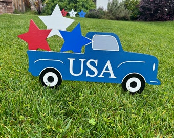 Vintage Patriotic Truck, USA Pride, Engraved Wood Garden Sign, Backyard Decor