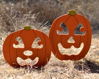 Halloween Wood Jack O' Lantern Pumpkins set of 2, Halloween Pumpkins