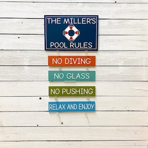 May include: Five wooden signs with blue, green, orange, and white paint hang on a white wood wall. The top sign reads "The Miller's Pool Rules" with a red and white life preserver icon. The signs below read "No Diving", "No Glass", "No Pushing", and "Relax and Enjoy".