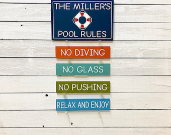 Life Preserver Personalized Pool Rules, Set Of 5 Poolside Wood Engraved Signs