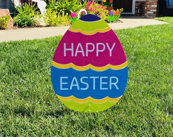 Easter Egg, Bright Colors Engraved with Happy Easter, Spring Outdoor Yard Art Sign