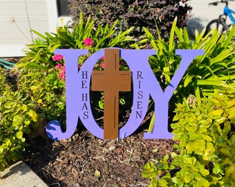 Easter Religious Outdoor Yard Decoration He Has Risen Wood Sign Joy with Cross