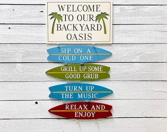 Pool Paradise Rules Engraved Wood Surf Board Signs, Customizable Set of 5 Personalized