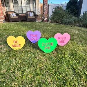 Valentine's Day Set of Four, Be Mine Conversation Hearts, Engraved Wood Signs for the Yard