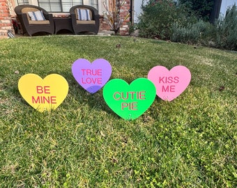 Valentine's Day Set of Four, Be Mine Conversation Hearts, Engraved Wood Signs for the Yard