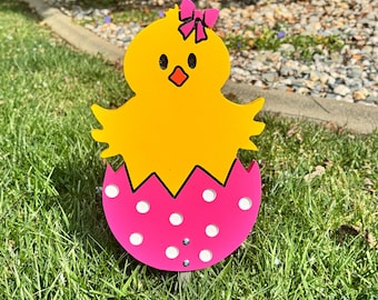 Easter Chick Yard Sign • Girl Hatching from Polka Dot Egg