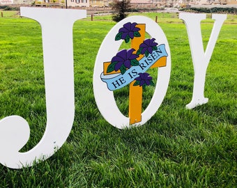 Easter JOY,  He Is Risen Yard Art Sign, Engraved, Wood, Lawn Decoration