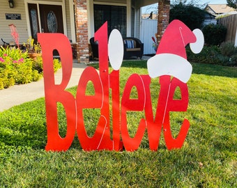 Believe Christmas Holiday Yard Sign With Santa Hat Large size