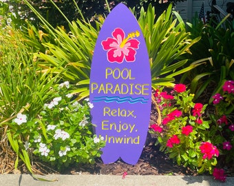 Pool Paradise Surf Board, Engraved Wood Sign Pool Decoration