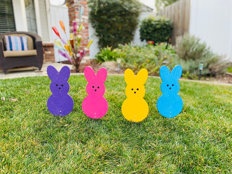 Easter Bunny Peep Wood Candy Signs, Easter Yard Art Decoration image 1