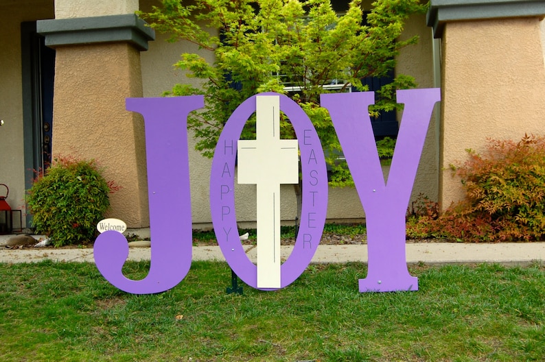 Happy Easter Large Joy Sign With Cross Engraved Yard Art Wood Etsy
