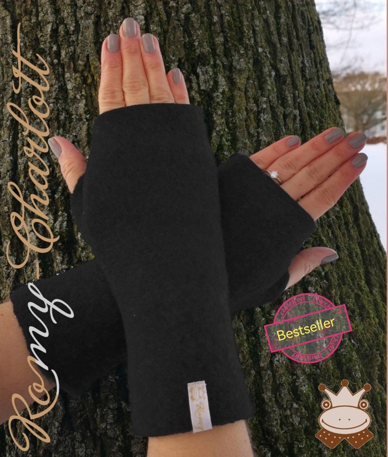 Super weiche Damen Stulpen, Armstulpen, Handschuhe, Pulswärmer aus Wollwalk Wolle: Merinoart Farbe schwarz. Bild 1