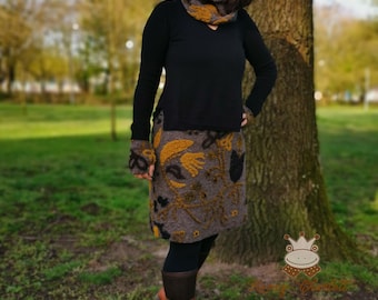 Women's skirt made of walkloden in gray with ocher yellow and black patterns. Cuffs in black **Bestseller** Available in every plus size.