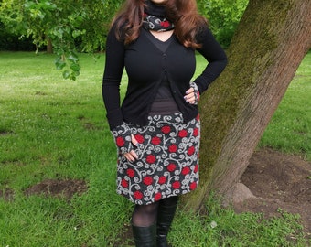 New* women's skirt made of walkloden in black with red and gray tendrils and black cuffs. Available in every plus size.