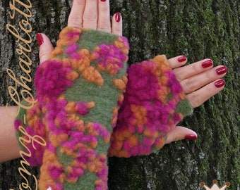 Damen Stulpen, Armstulpen, Handschuhe, Pulswärmer, Walkloden Farbe grün-okka-pink